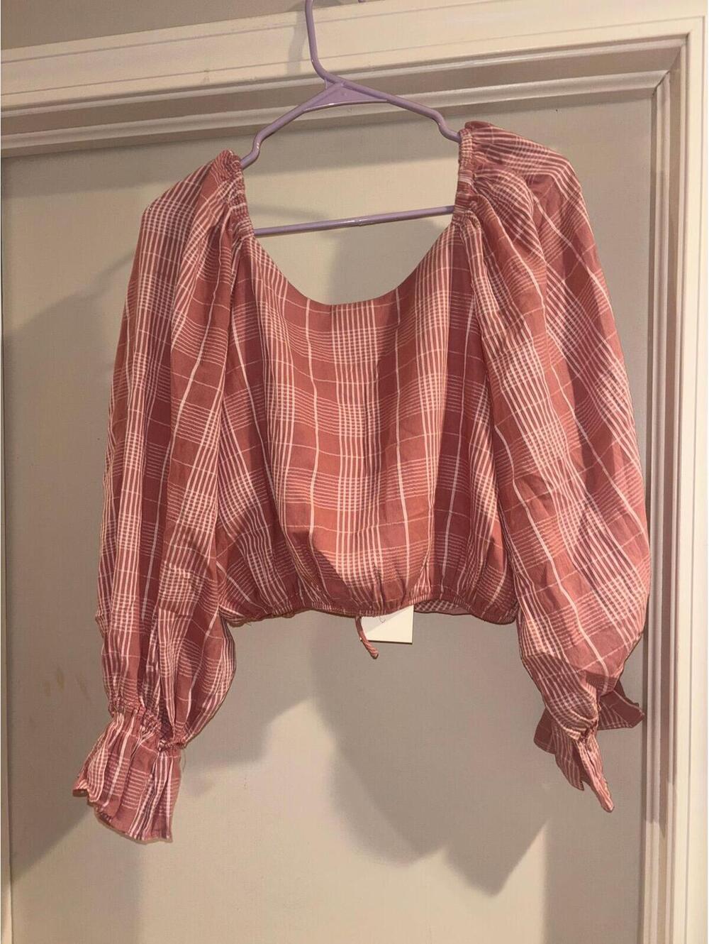 PROMESA Pink Plaid Puff Sleeve Open Back Crop Top Small NWT